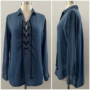 Rails Raquel Chambray Top Women's XS Long Sleeve Lace-Up Coastal Minimalist